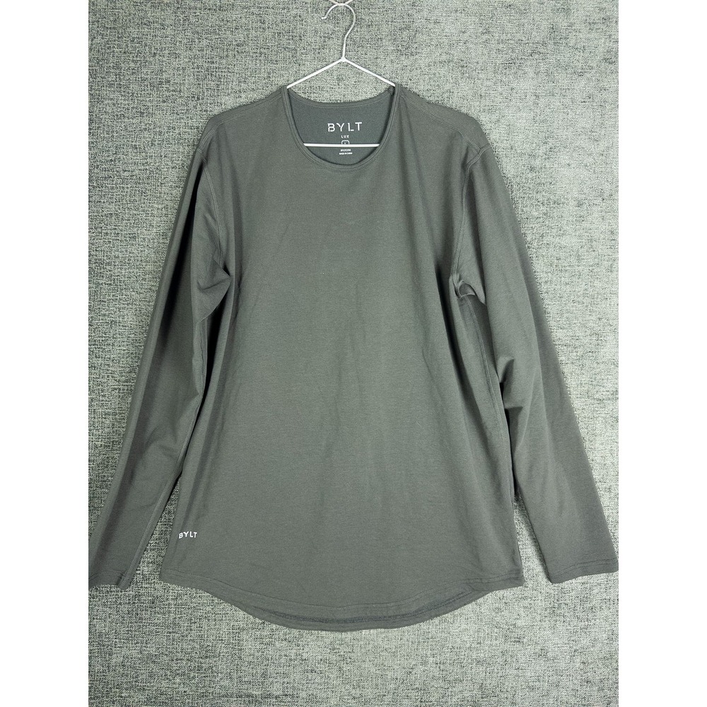 BYLT Lux Long Sleeve Shirt Mens L Olive Green Cotton Stretch Crew Neck Athleisur